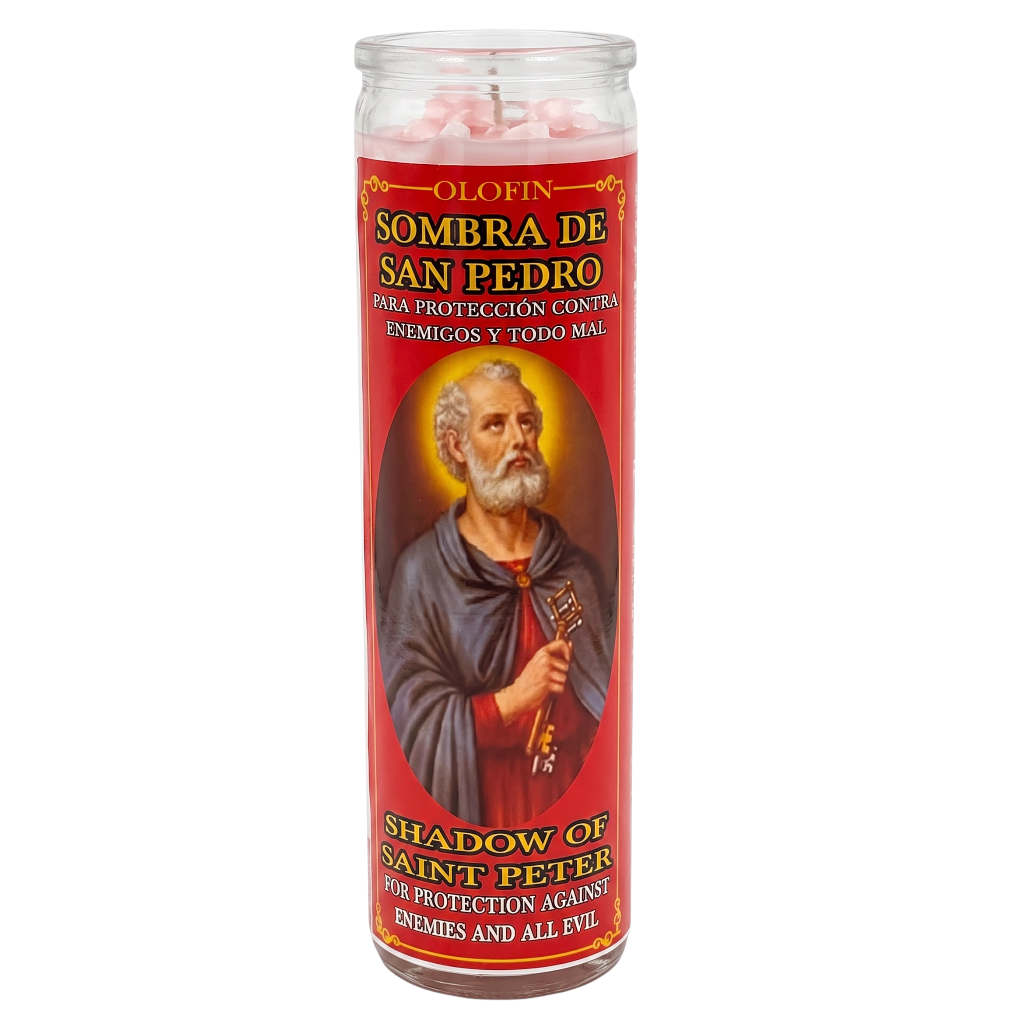 A tall glass jar candle with a red label featuring an image of Saint Peter, labeled 'SOMBRA DE SAN PEDRO' and 'SHADOW OF SAINT PETER', on a white background.