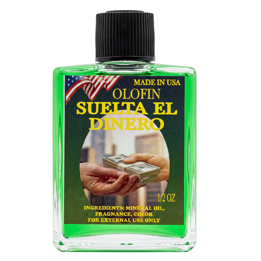 A 12 oz clear plastic bottle of Olofin Suelta El Dinero external use mineral oil and fragrance color, featuring a black ribbed cap and a green label with yellow text and an American flag graphic.