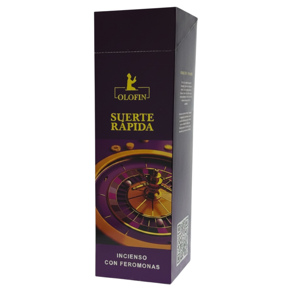 A tall rectangular product box for Olofin Suerte Rápida incense with ferromones, featuring a dark purple and gold design with a roulette wheel graphic, on a plain white background.