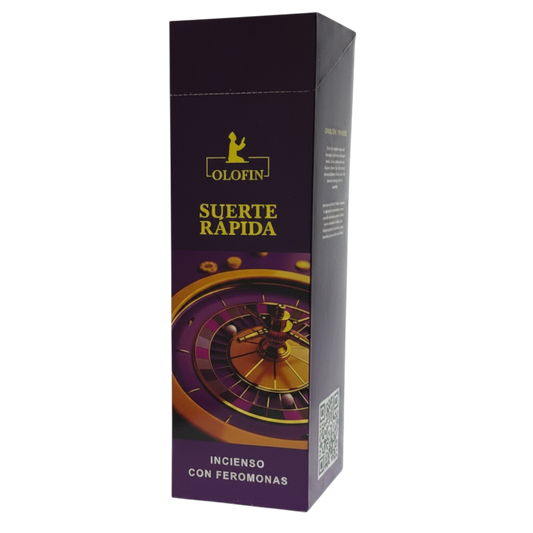 A tall rectangular product box for Olofin Suerte Rápida incense with ferromones, featuring a dark purple and gold design with a roulette wheel graphic, on a plain white background.