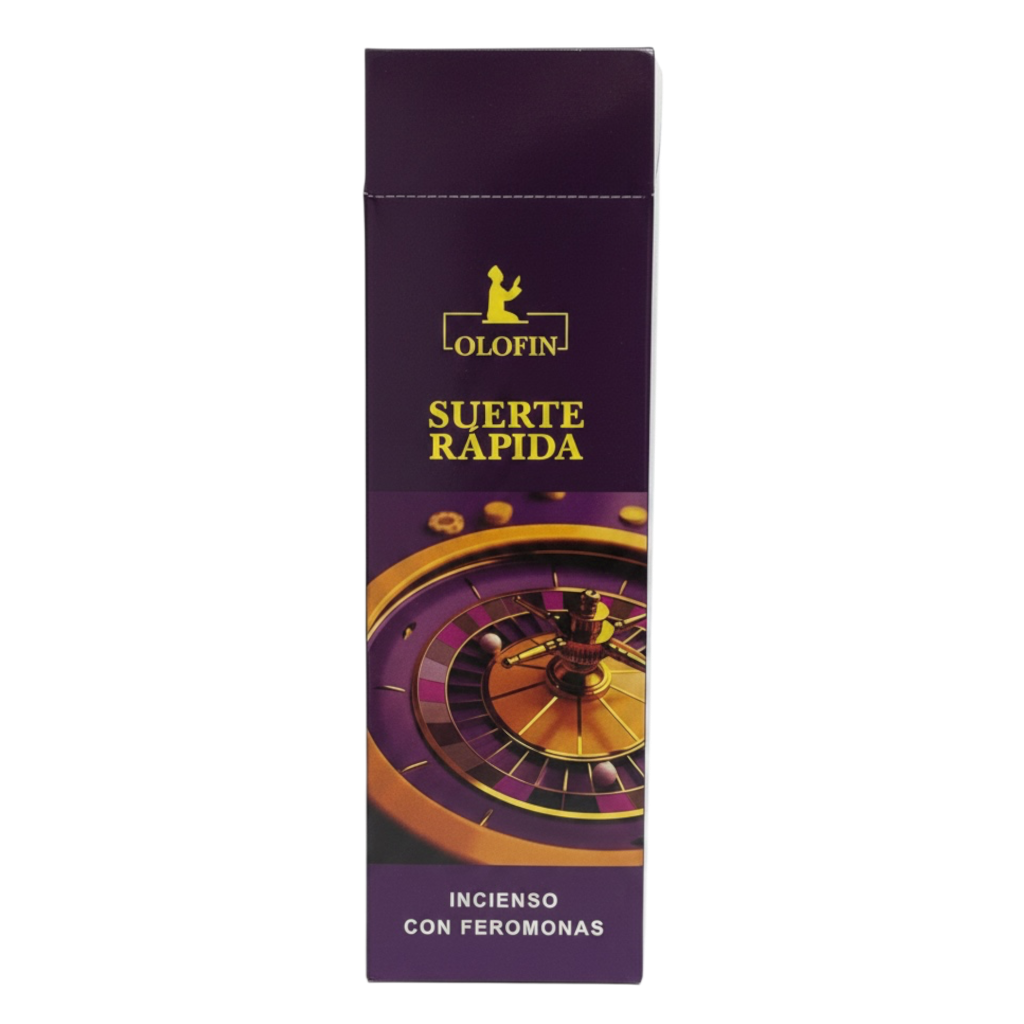 A tall rectangular purple box for Olofin Suerte Rápida incense with feromonas, featuring a gold roulette wheel graphic and yellow branding text on a white background.
