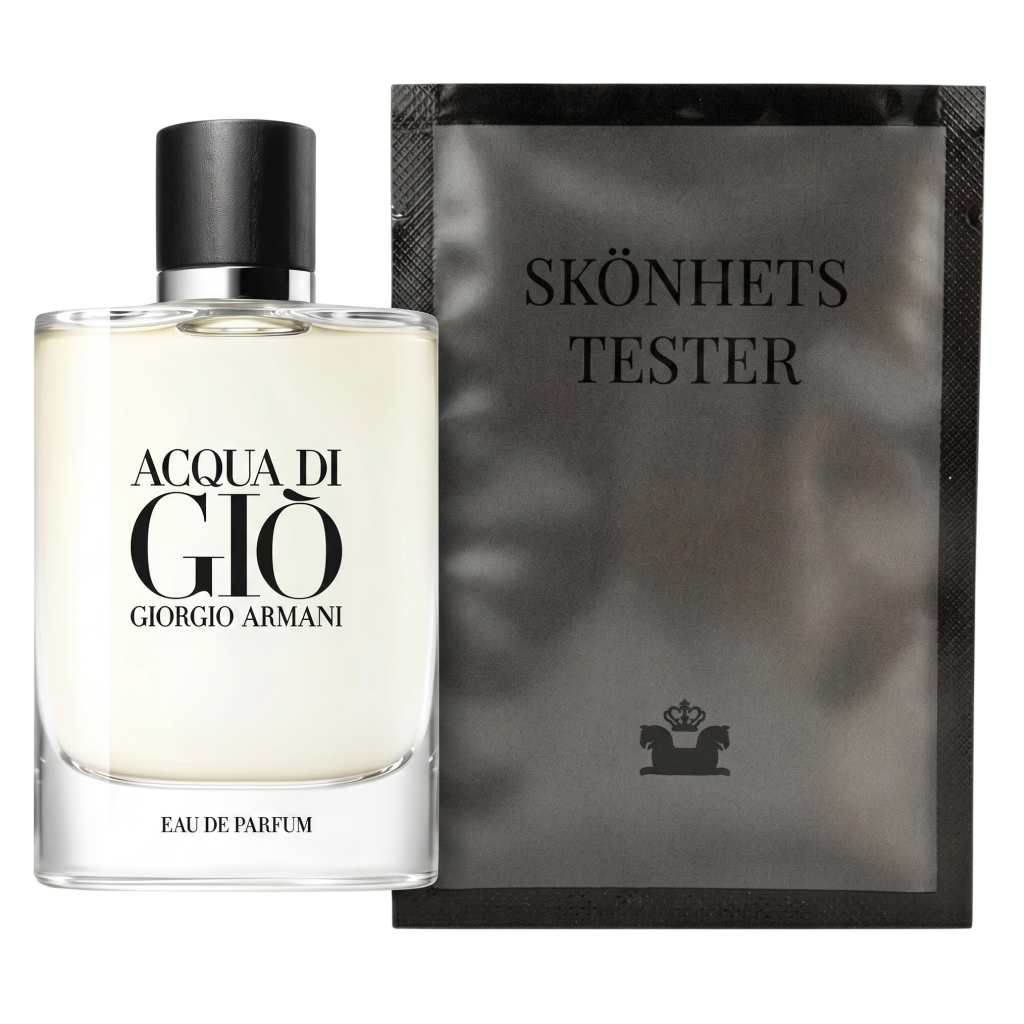 Acqua di Giò perfume bottle with packaging labeled 'Skönhets Tester' by Giorgio Armani.