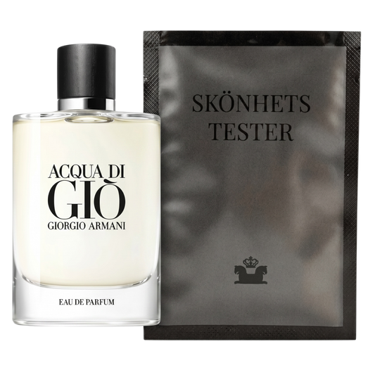 Acqua di Giò perfume bottle with packaging labeled 'Skönhets Tester' by Giorgio Armani.