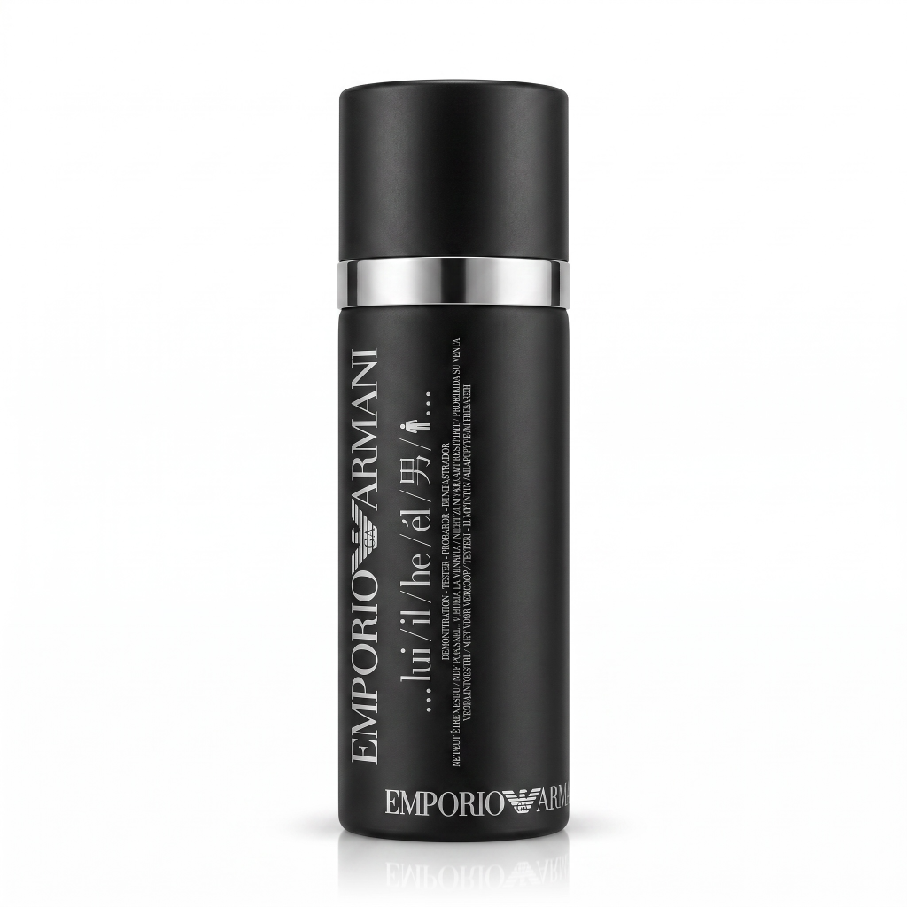 Black Emporio Armani deodorant bottle on a white background
