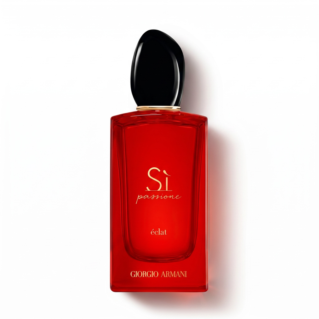 Red Giorgio Armani perfume bottle with black cap on a white background