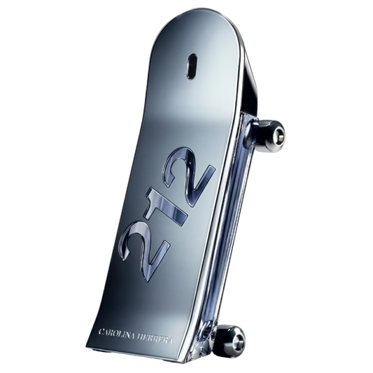 Metallic perfume bottle with 'Carolina Herrera' branding on a white background
