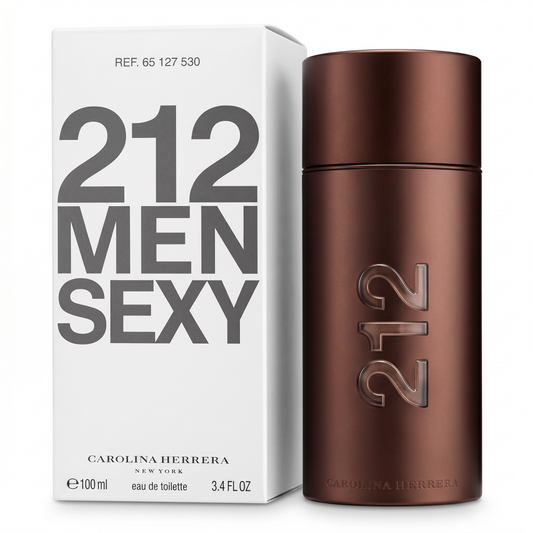Carolina Herrera 212 Men Sexy perfume bottle and packaging on a white background