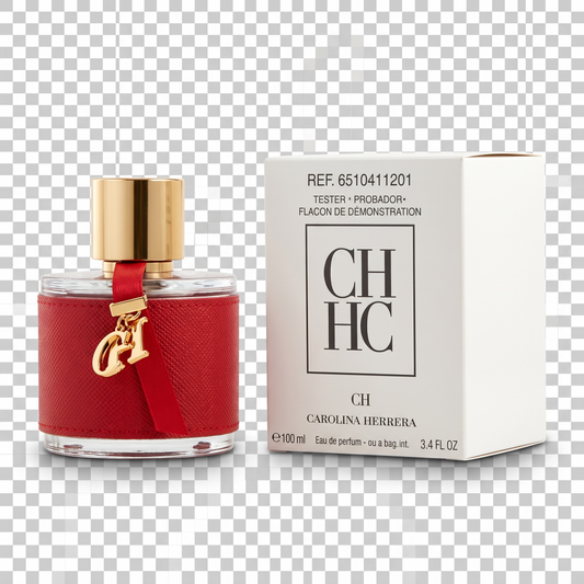 Red perfume bottle with gold cap and Carolina Herrera box on a transparent background