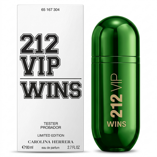 Green perfume bottle and packaging of Carolina Herrera 212 VIP Wins on a white background