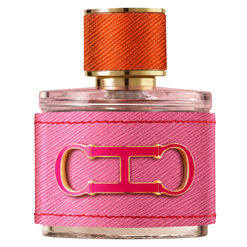 Perfume bottle with pink and orange design on a white background