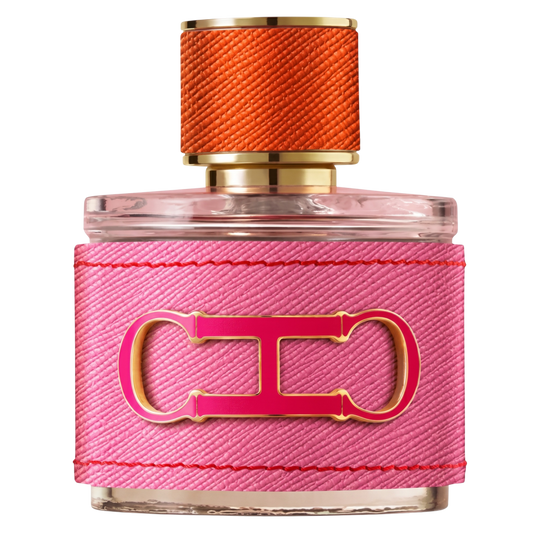 Perfume bottle with pink and orange design on a white background
