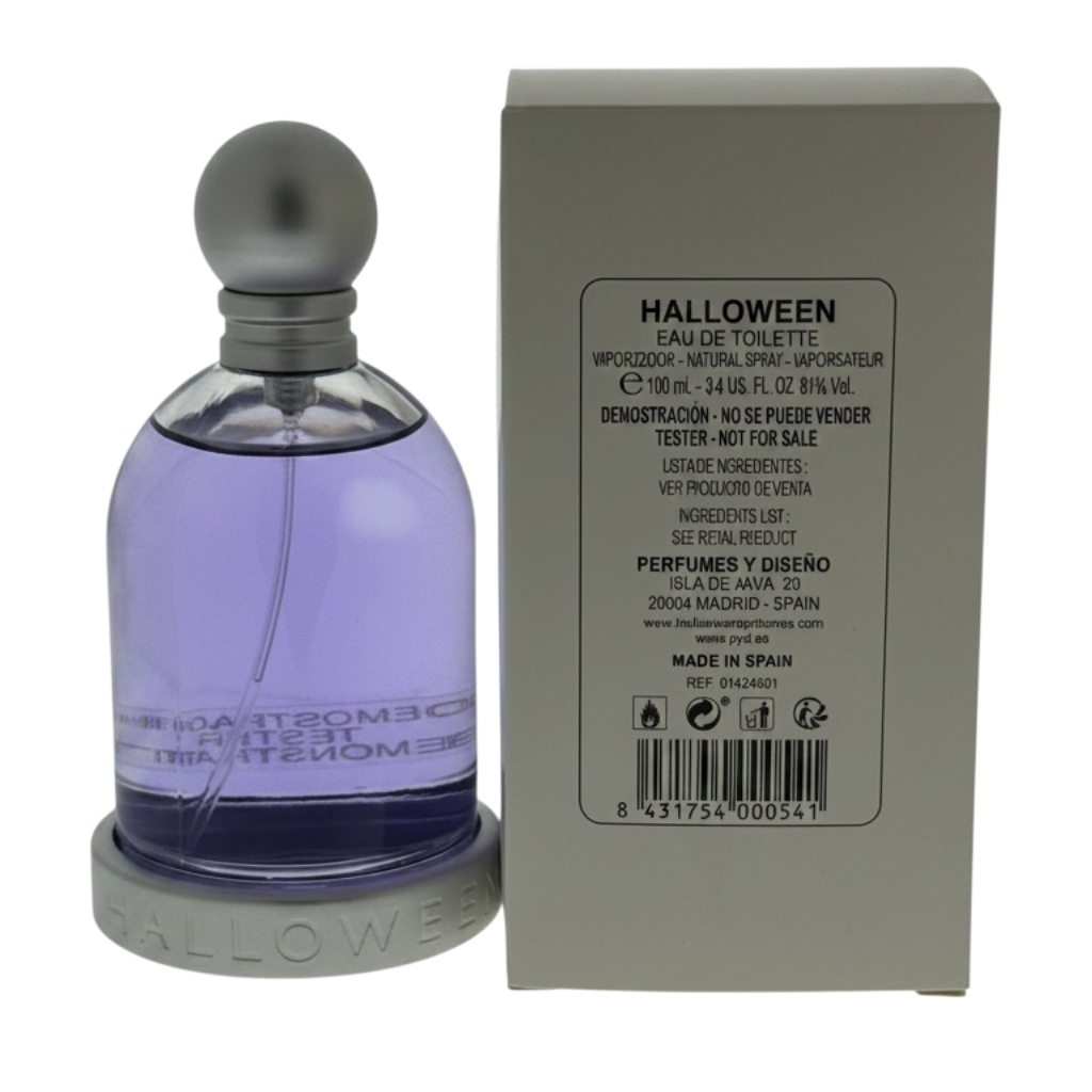 Perfume bottle with purple liquid and gray cap next to its packaging on a white background