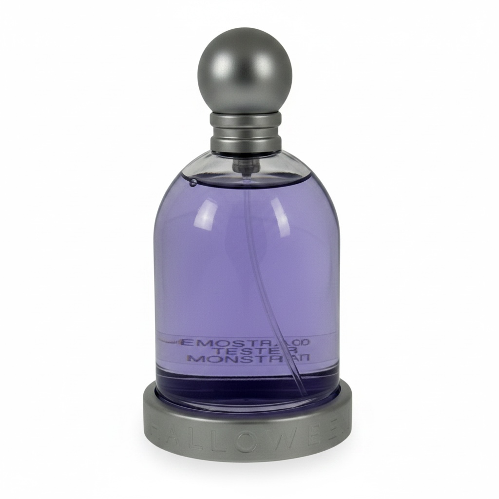 Perfume bottle with purple liquid and metallic cap on a white background