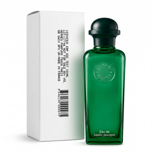 Green perfume bottle with black cap and white box on a white background