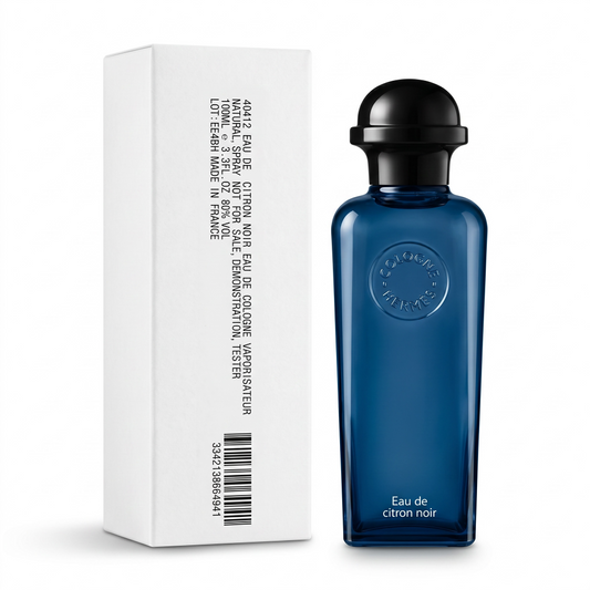 Blue cologne bottle with black cap and white box on a white background