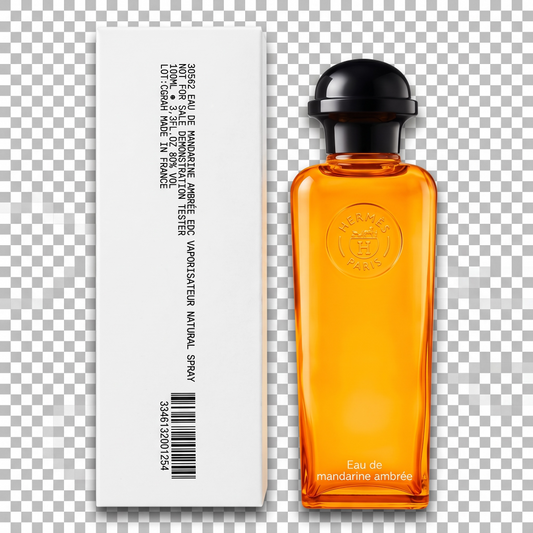 Orange perfume bottle with black cap and white box on a transparent background