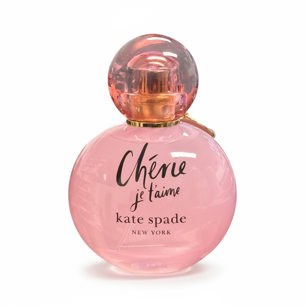 Pink perfume bottle with 'Chérie je t'aime' text on a white background
