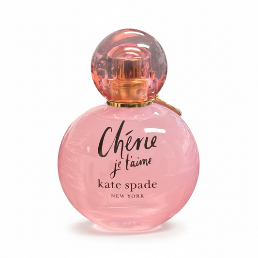 Pink perfume bottle with 'Chérie je t'aime' text on a white background