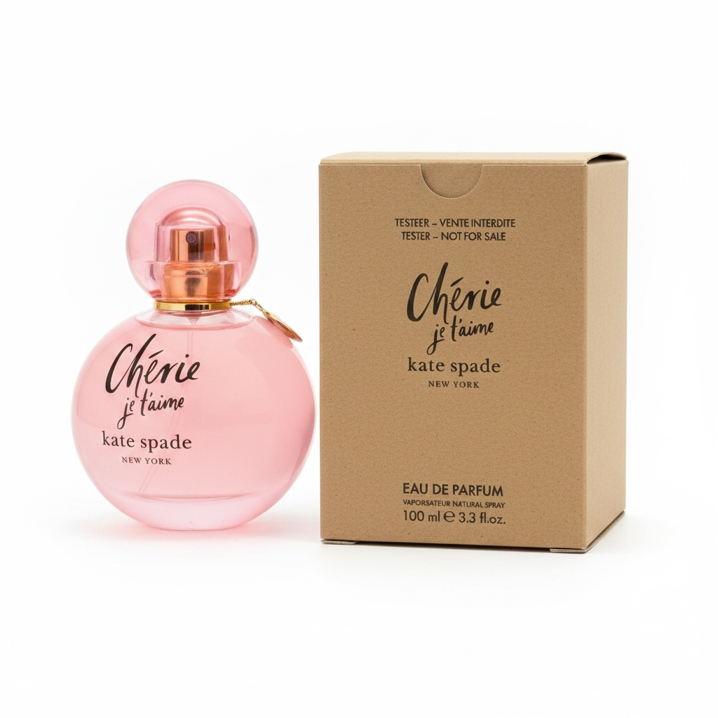 Pink perfume bottle and packaging of 'Chérie je t'aime' by Kate Spade on a white background