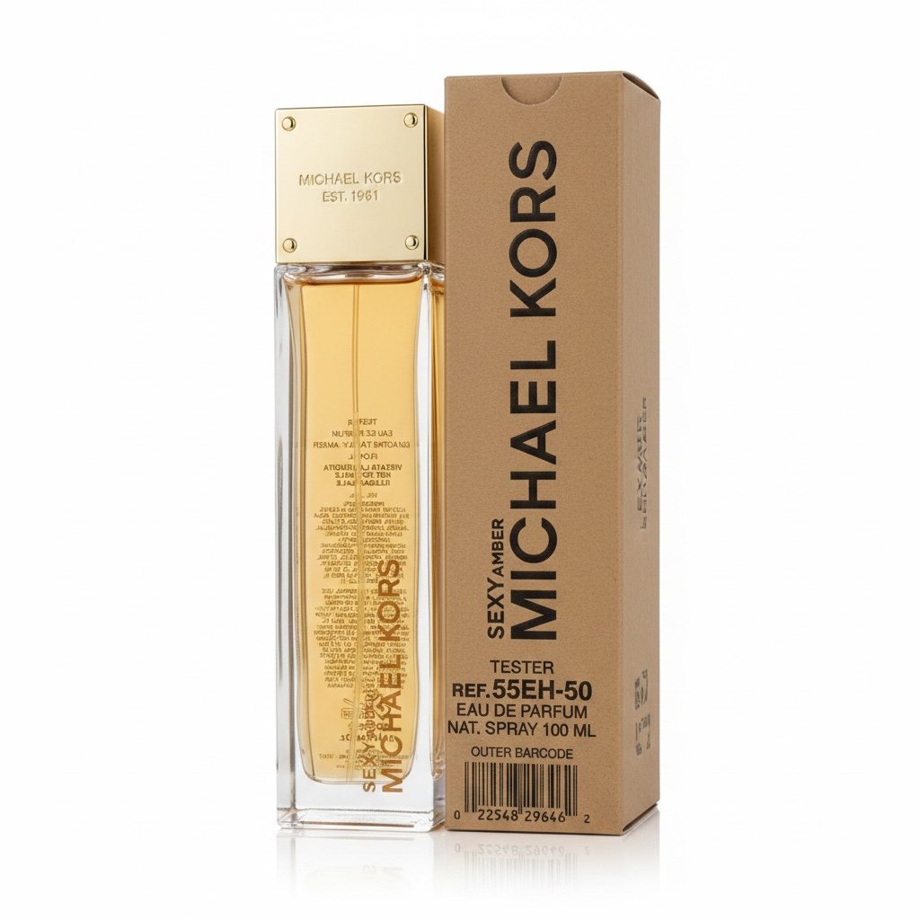 Michael Kors Sexy Amber perfume bottle and packaging on a white background