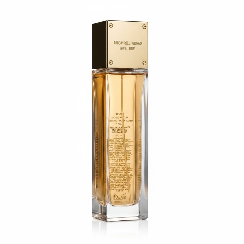 Perfume bottle with gold cap and label on a white background