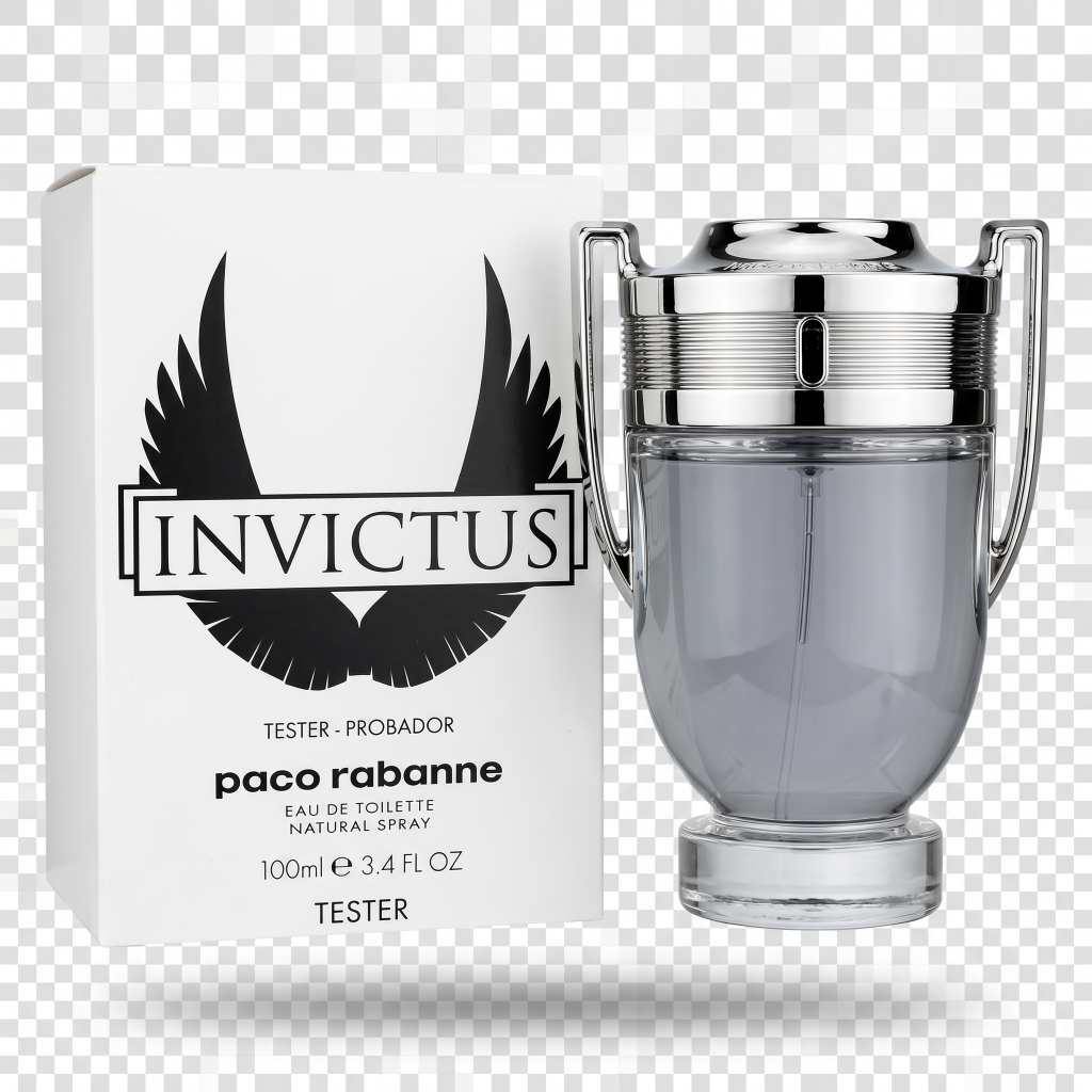 Paco Rabanne Invictus perfume bottle and packaging on a transparent background