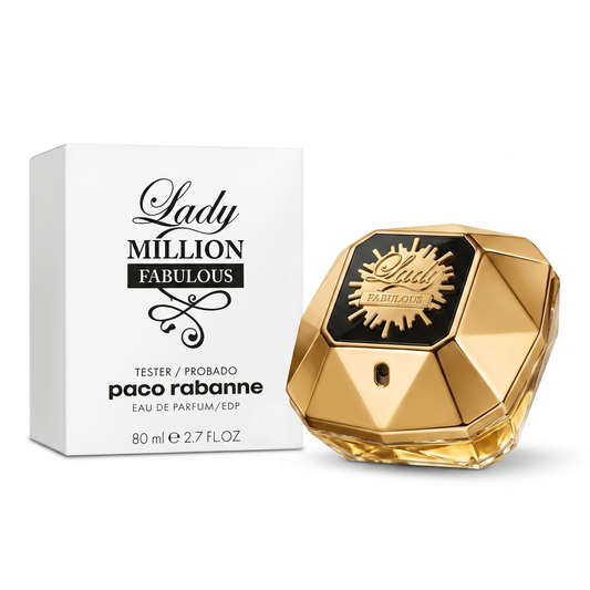 Paco Rabanne Lady Million Fabulous perfume bottle and packaging on a white background