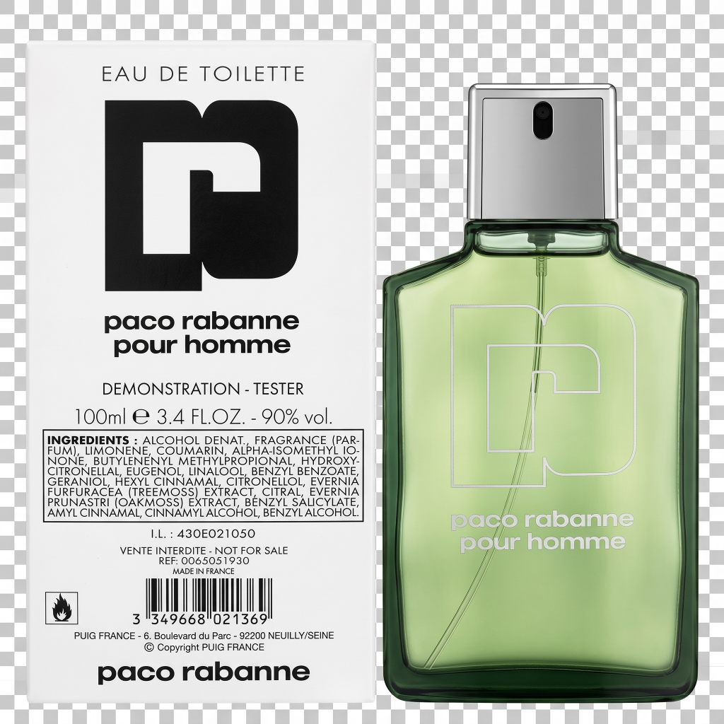 Paco Rabanne pour homme eau de toilette bottle and packaging on a transparent background