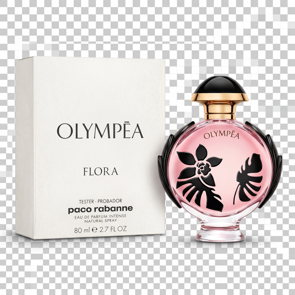 Paco Rabanne Olympéa Flora perfume bottle and packaging on a transparent background