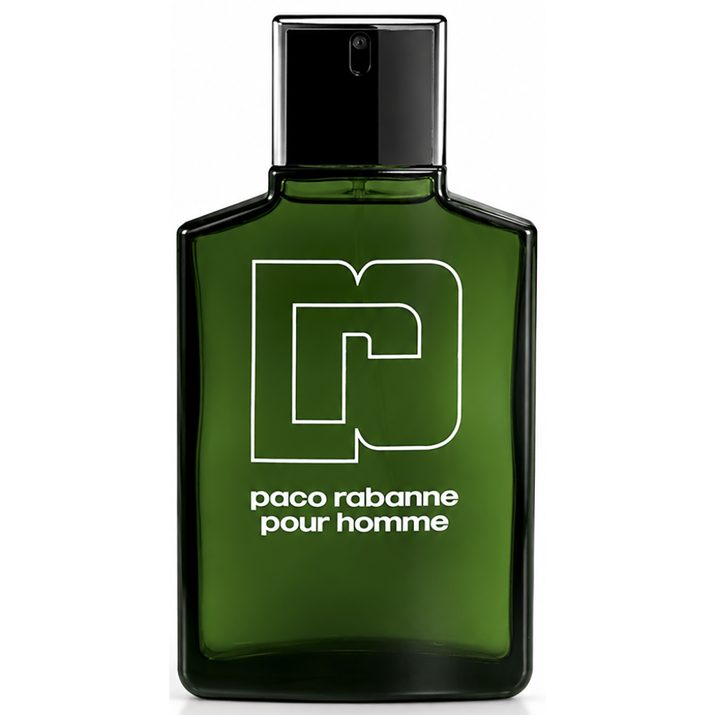 Green perfume bottle with black cap featuring 'Paco Rabanne Pour Homme' on a white background