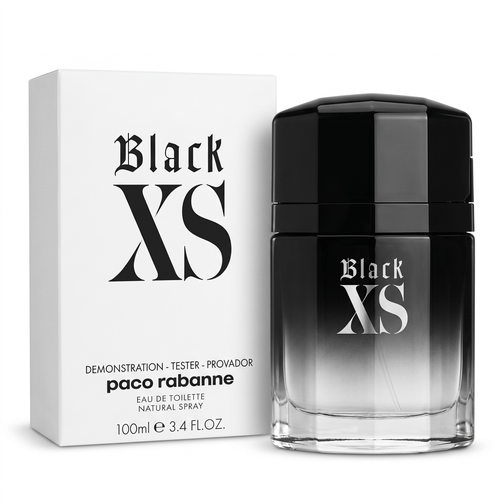 Paco Rabanne Black XS perfume bottle and packaging on a white background
