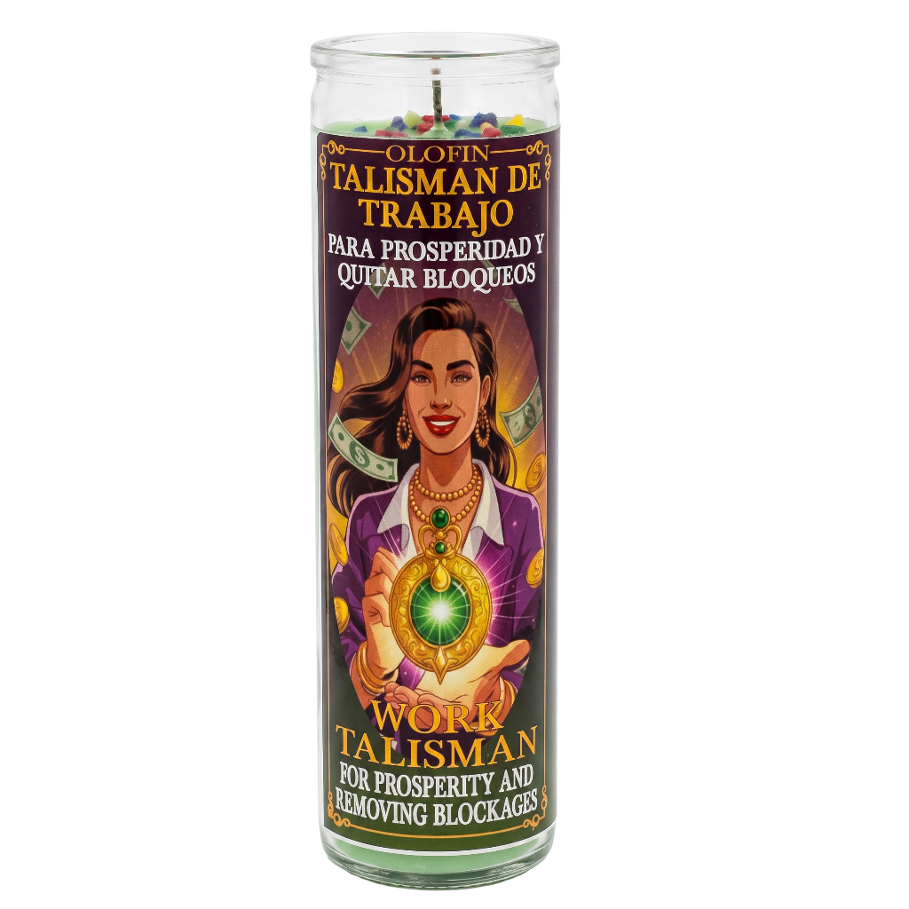 A tall glass jar candle labeled 'Olofin Talisman De Trabajo' with Spanish text and an illustrated label showing a woman holding a glowing green gem. The candle is photographed upright on a plain white background.