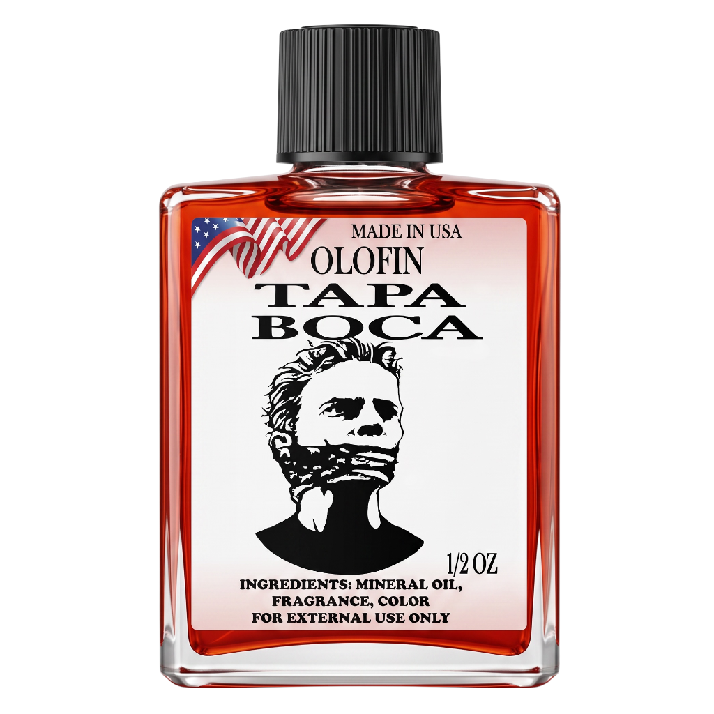 A 1/2 oz glass bottle of Olofin Tapa Boca fragrance oil with a black cap, featuring a white label with a black graphic of a man's profile and an American flag accent.