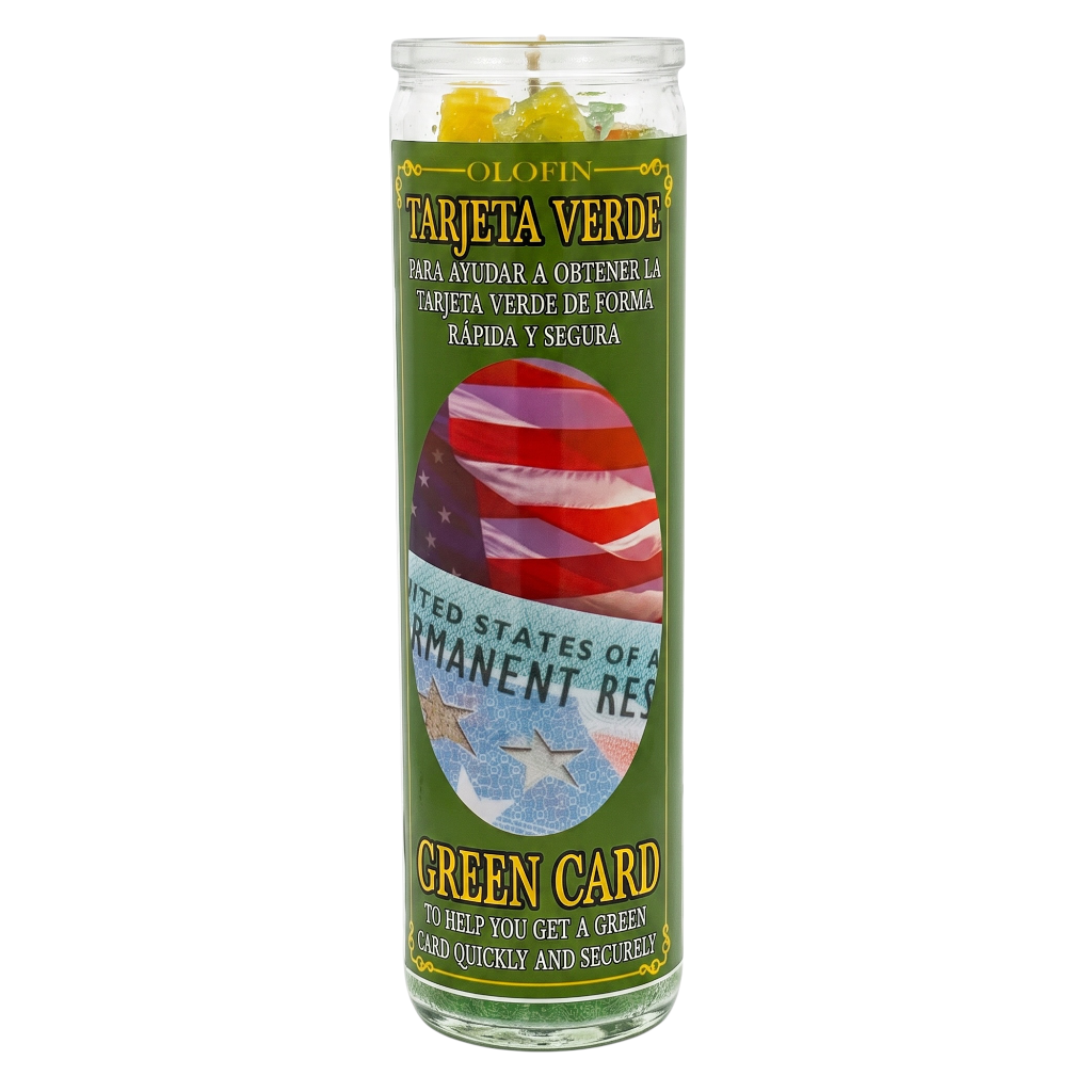 A tall glass jar candle with a green label reading 'Green Card' and 'Tartaía Verde,' featuring an American flag and stars graphic on the front, photographed on a plain white background.
