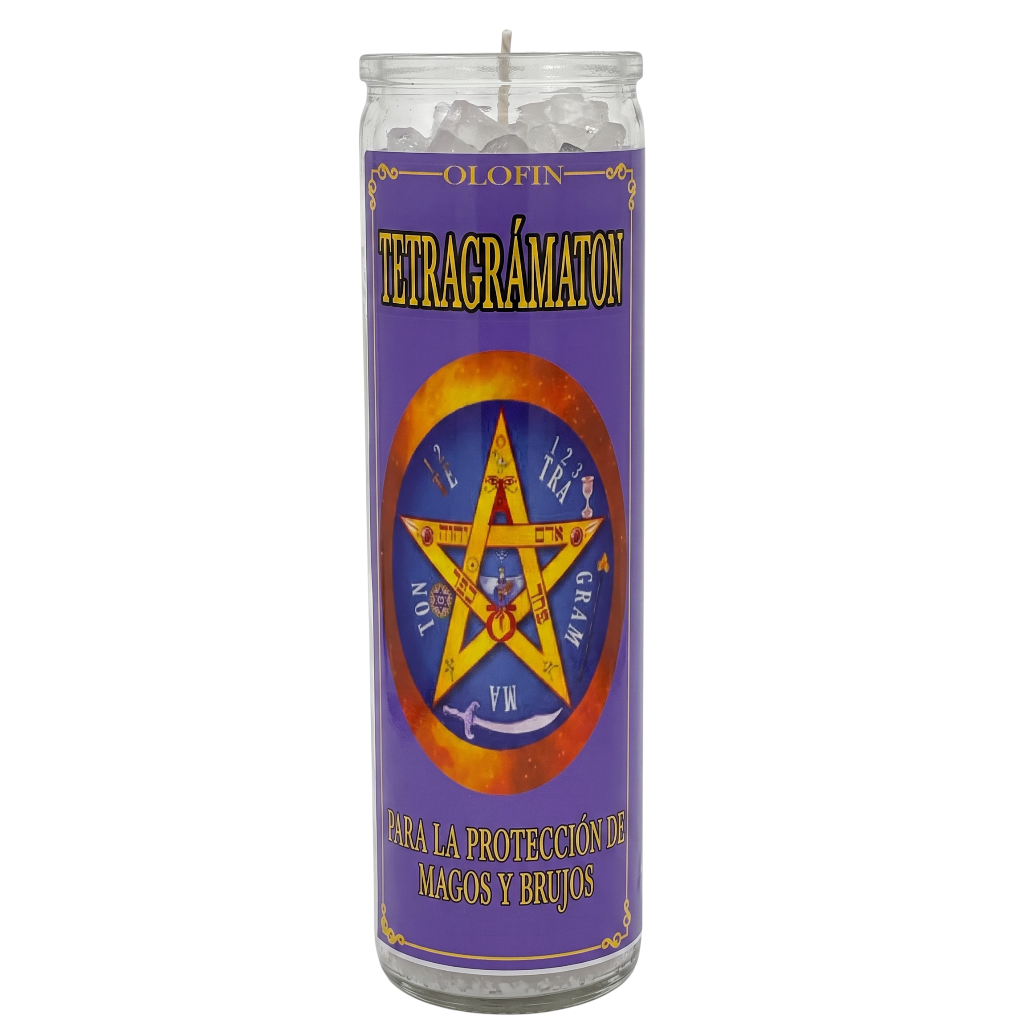 A tall glass prayer candle with a purple label featuring a yellow pentagram and the text 'Olofin Tetragrámaton' on a white background.