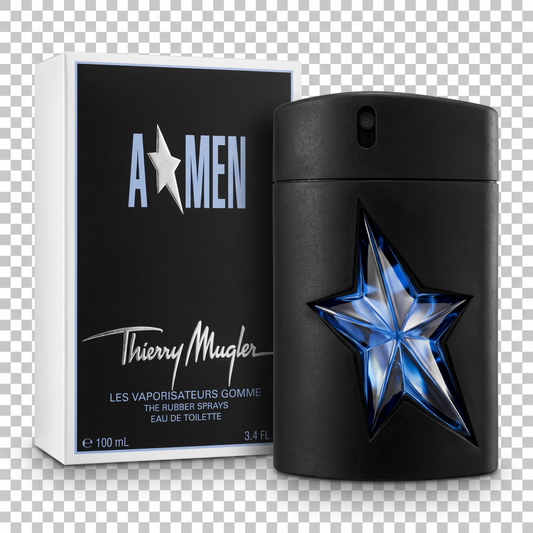 Black perfume bottle with star design and packaging on a transparent background