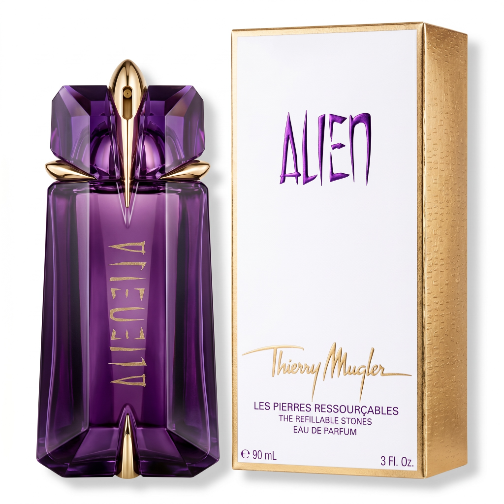 Purple perfume bottle with gold accents and matching box on a white background