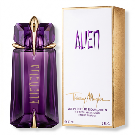 Purple perfume bottle with gold accents and matching box on a white background