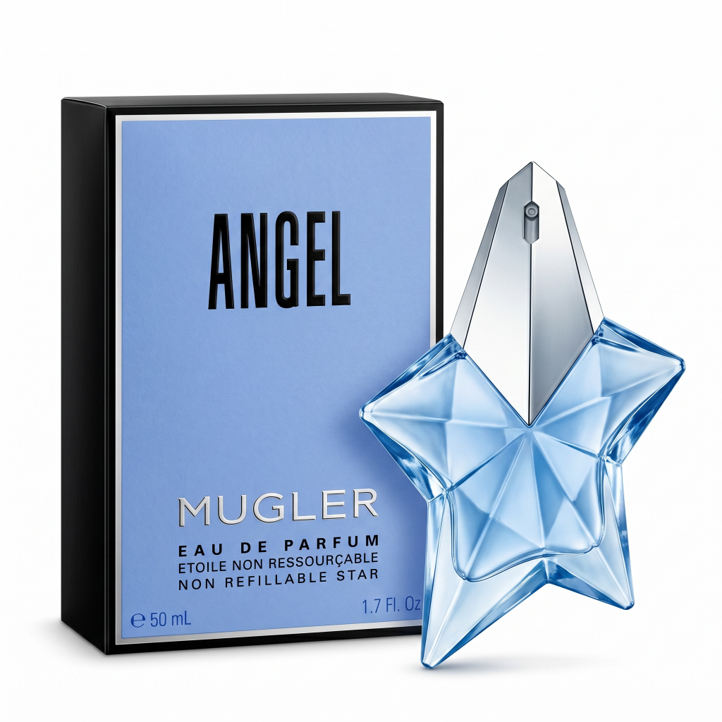 Mugler Angel perfume bottle and packaging on a white background