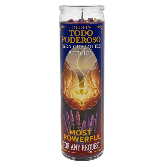 A tall glass jar candle labeled 'Olofin Todo Poderoso' with Spanish text, featuring a dark blue label with gold and white lettering, a glowing hands illustration, and purple flowers near the bottom.