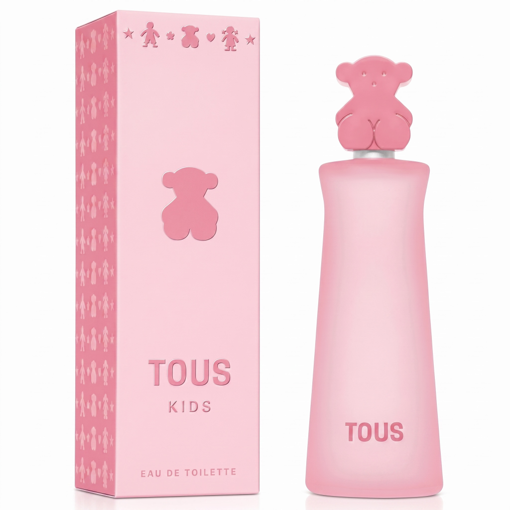 Pink Tous Kids perfume bottle and packaging on a white background