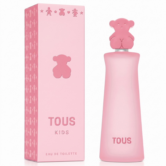 Pink Tous Kids perfume bottle and packaging on a white background