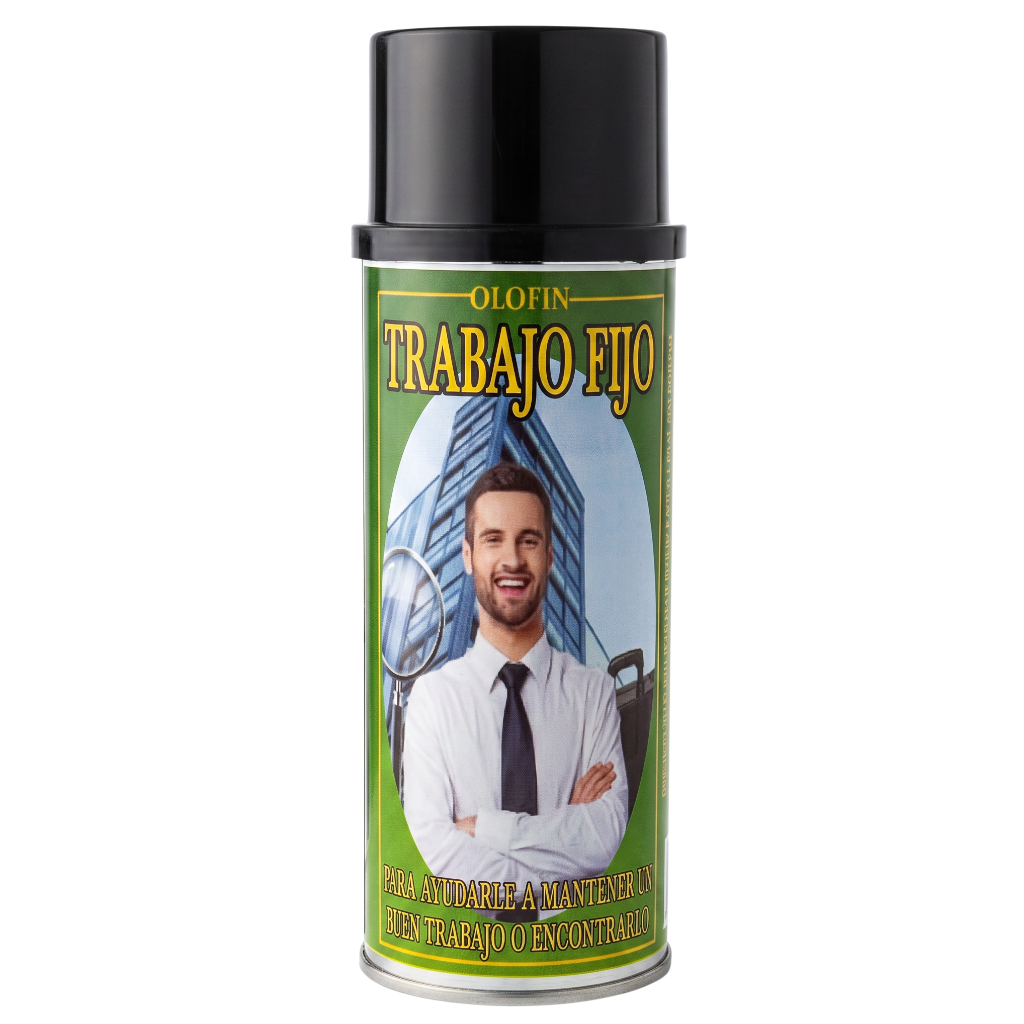 A can of Olofin Trabajo Fijo spray with a black cap and a green label featuring a man in a white shirt and tie.