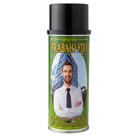 A can of Olofin Trabajo Fijo spray with a black cap and a green label featuring a man in a white shirt and tie.