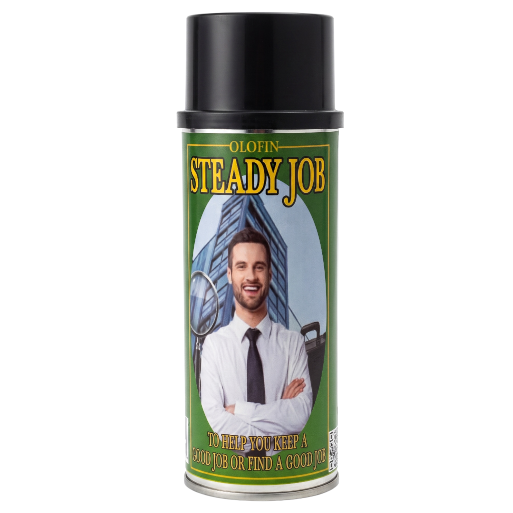 A can of Olofin Steady Job spray paint with a black cap and a green label featuring a man in a white shirt and tie.