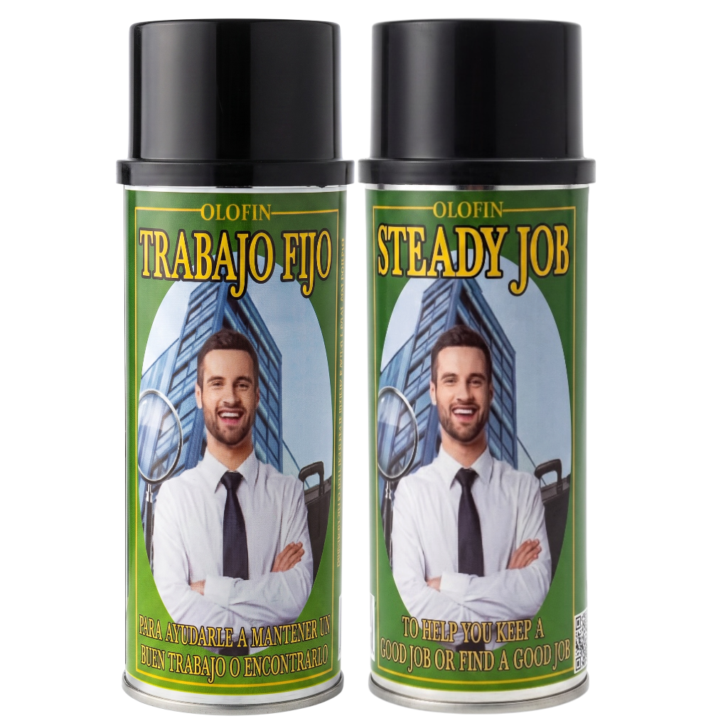 Two Olofin 'Trabajo Fijo' / 'Steady Job' spray cans with black caps and green labels featuring a portrait of a man in a white shirt and tie.