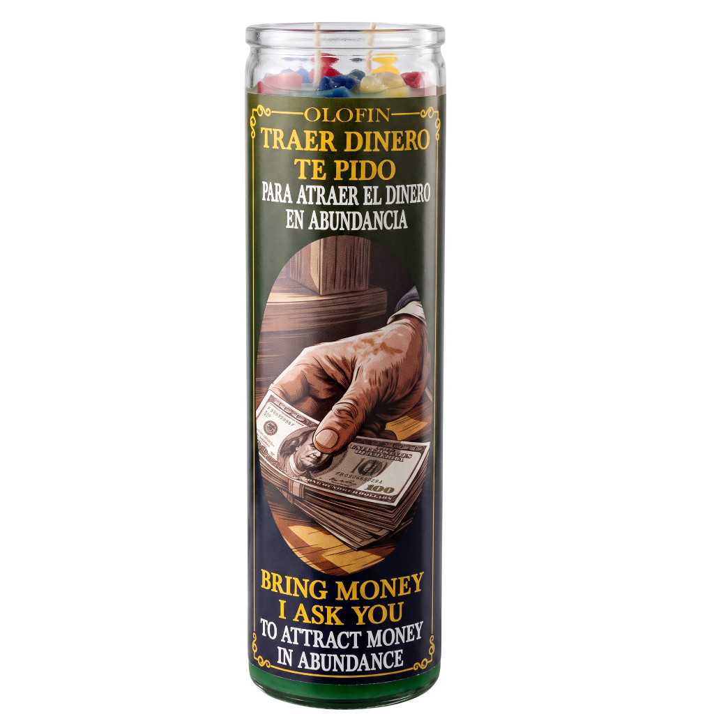 A tall glass prayer candle with a dark green and black label featuring Spanish text 'Olofin Traer Dinero Te Pido Para Atraer El Dinero En Abundancia' and 'Bring Money I Ask You To Attract Money In Abundance,' plus an illustration of a hand placing money in a slot. The candle is shown on a plain white background.