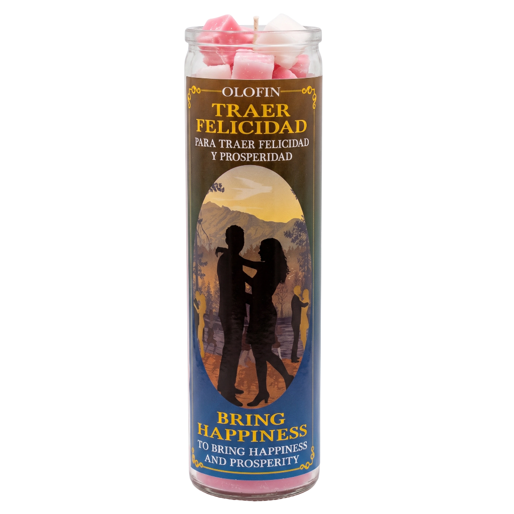 A tall glass jar candle with a colorful printed label reading 'Olofin Traer Felicidad' and 'Bring Happiness and Prosperity,' topped with pink wax and wicks.