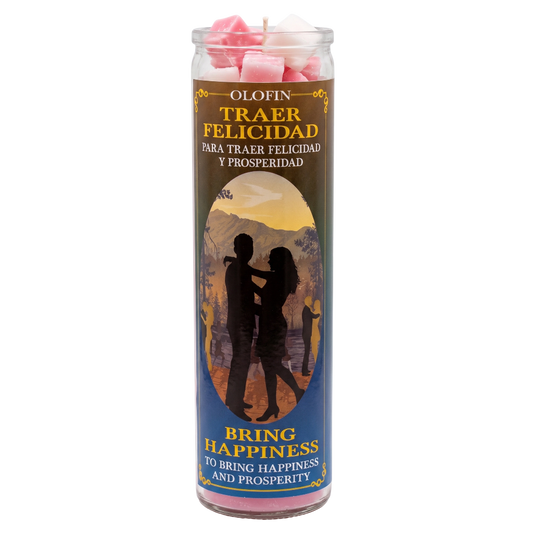 A tall glass jar candle with a colorful printed label reading 'Olofin Traer Felicidad' and 'Bring Happiness and Prosperity,' topped with pink wax and wicks.