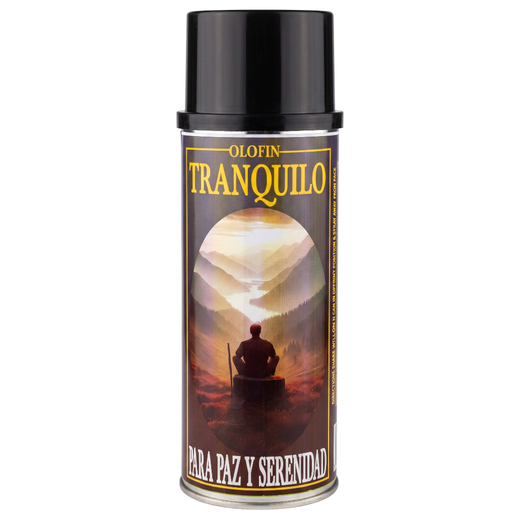 A can of Olofin Tranquilo spray with a black cap and a label depicting a scenic mountain landscape with a seated figure, on a plain white background.